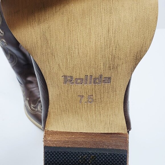 Western Cowboy Brown Leather Boots Womens 7.5 Rollda Embroidered Stacked Heel - Picture 2 of 12